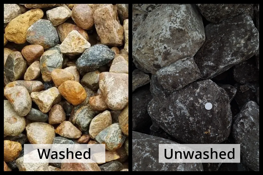 GlacierGranite4-8_sidebyside 4-8" cobbles Glacier Granite Boulders side by side washed and unwashed